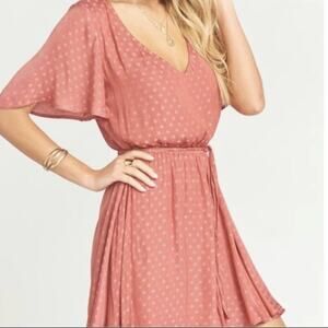 Show Me Your Mumu Anastasia Dress Large Pink Polka Dot Tie Waist Flounce Skater
